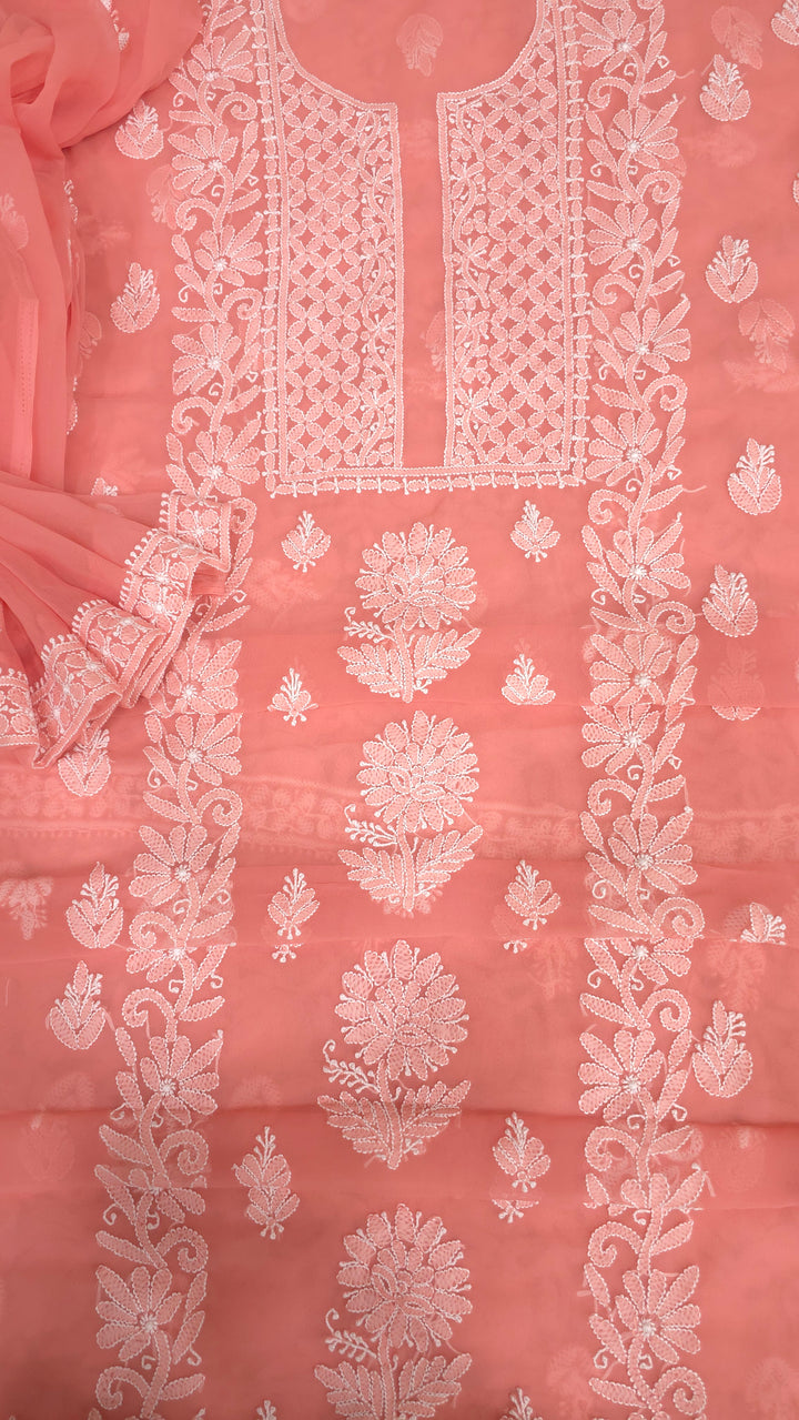 Lucknowi Georgette Chikankari Dress Material – Hand Embroidery Kurta, Bottom & Dupatta | Festive Queen Shades