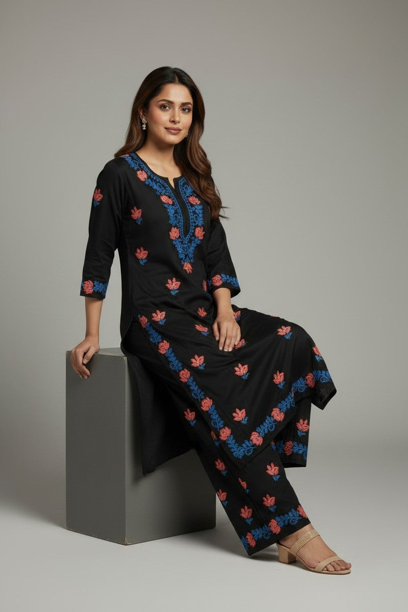 Hand Embroidery Premium Rayon Chikankari Kurta Pallazo Set