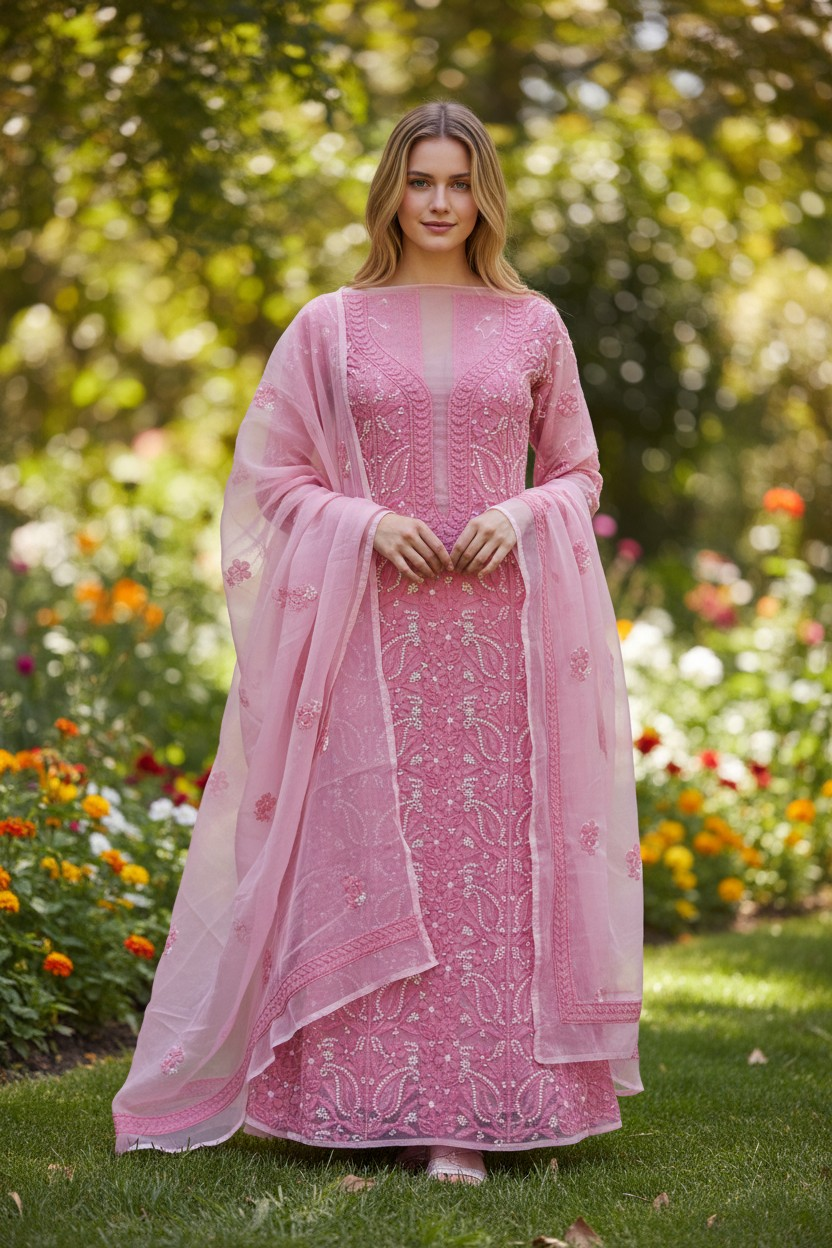 Unstitched Georgette Chikankari Dress Material | Hand Embroidered Kurta, Bottom & Dupatta