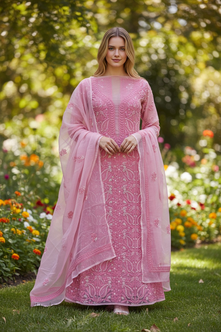 Unstitched Georgette Chikankari Dress Material | Hand Embroidered Kurta, Bottom & Dupatta