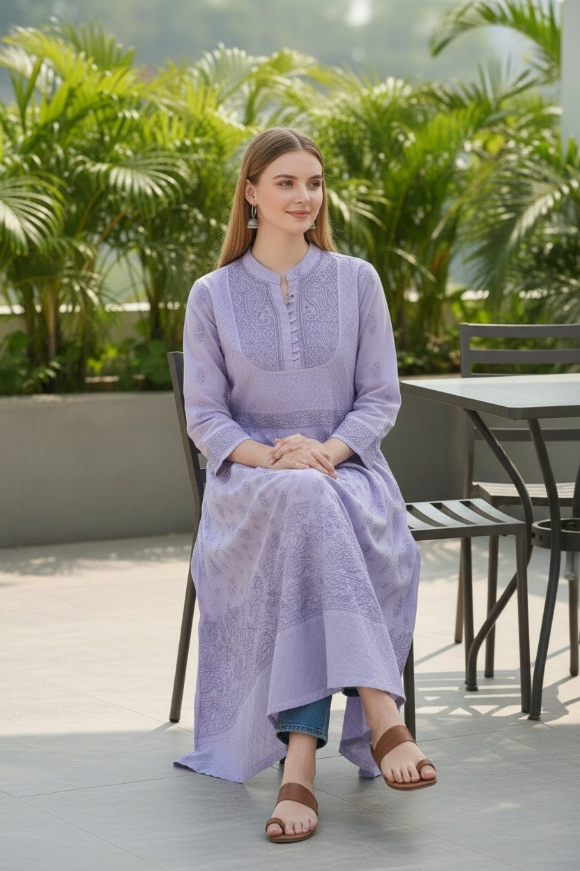 Cotton Lucknowi Chikankari 46" Long A-line Kurti | 100% Hand Embroidered| No Shrinkage