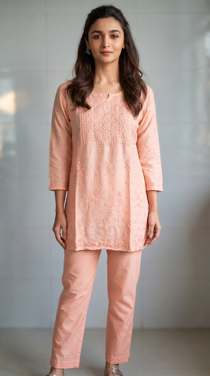 Alia Chikankari Chanderi Golden Zari Buti Short Top for Women | Soft & Non-Transparent | Paridhan Chikan