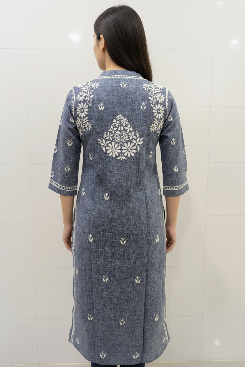 Pure Cotton Linen Lucknowi Chikankari Long Kurti | 100% Hand Embroidered | Non-Transparent | No Shrinkage