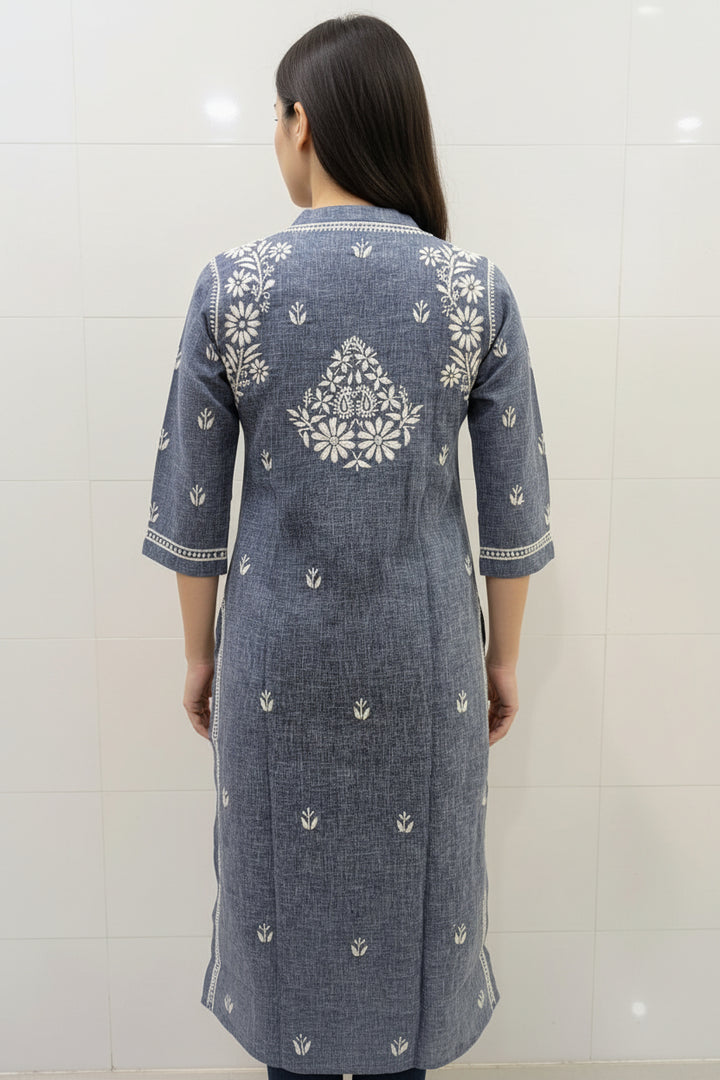 Pure Cotton Linen Lucknowi Chikankari Long Kurti | 100% Hand Embroidered | Non-Transparent | No Shrinkage