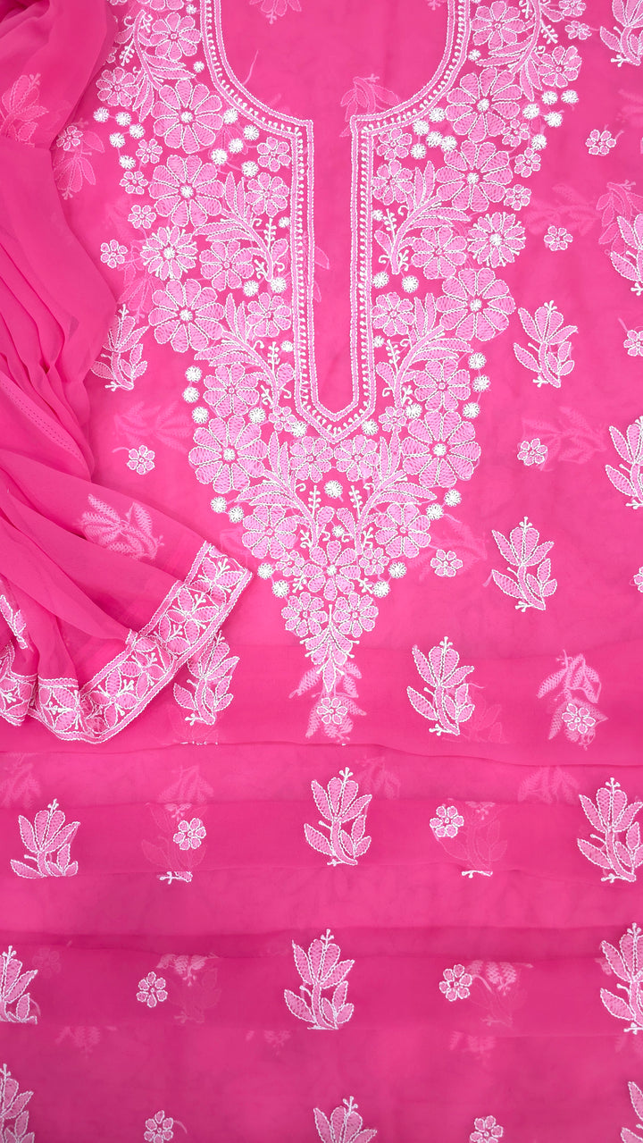 Lucknowi Georgette Chikankari Dress Material – Hand Embroidery Kurta, Bottom & Dupatta | Festive Queen Shades