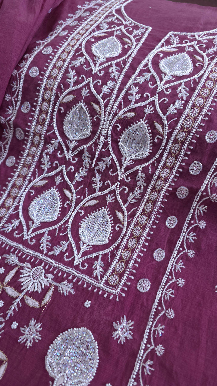 Premium Mul Chanderi Pearl, Cutdana & Kasab Hand Embroidered Unstitched Suit Set