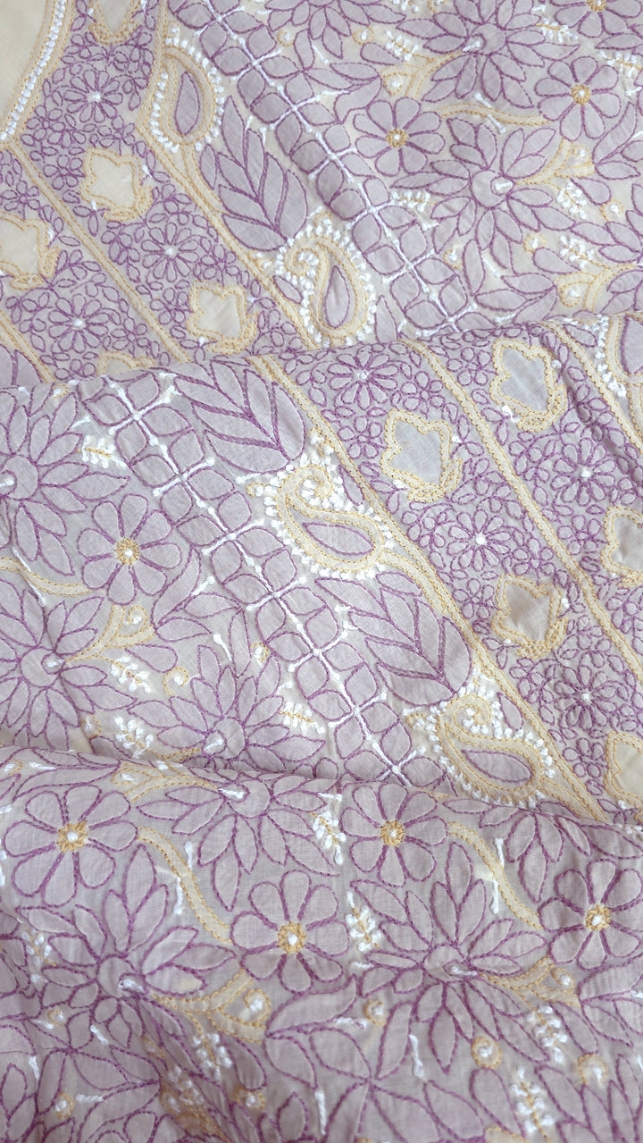Lucknow Chikankari Hand Embroidered Cotton Dress Material with Tri-Color Motifs & Pure Chiffon Dupatta