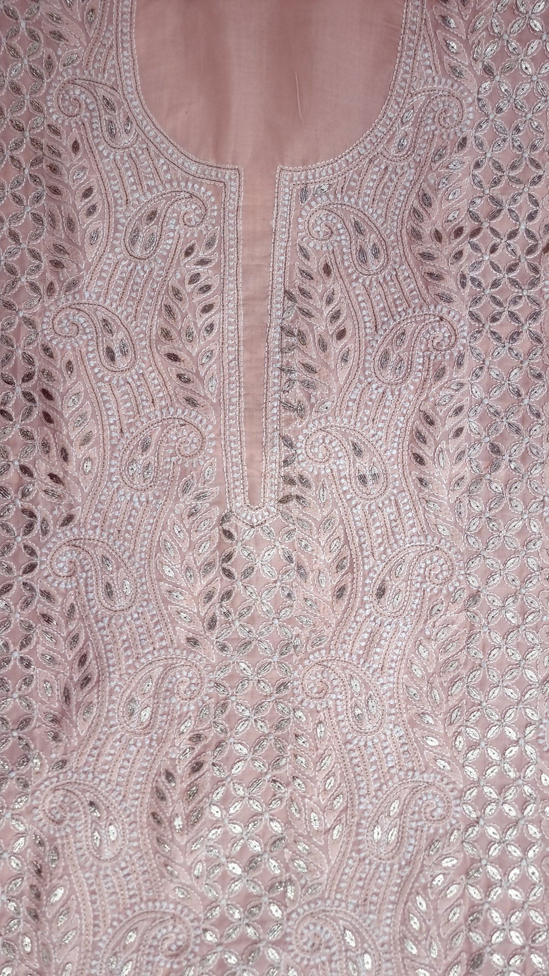 Peach Unstitched Soft Cotton Chikankari Suit Set – Aari, Kasab & Gotta Patti Embellished with Pure Chiffon Dupatta (Copy)