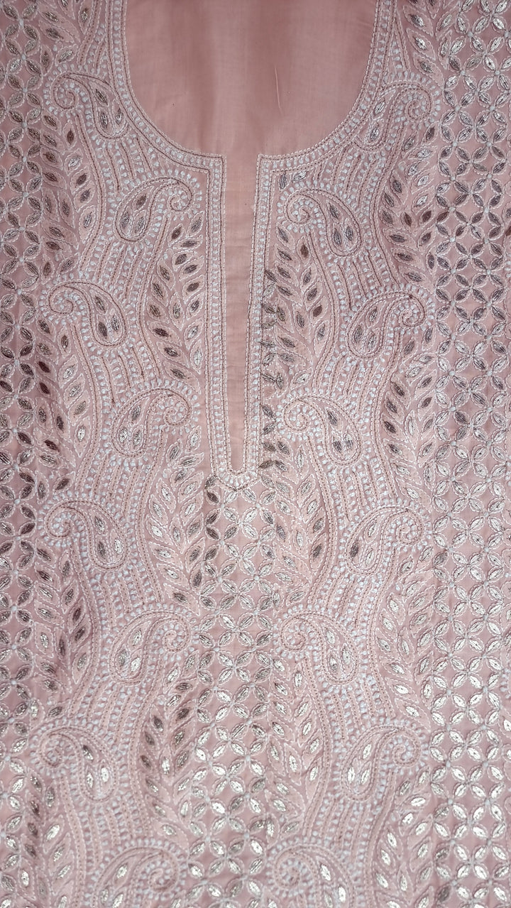 Peach Unstitched Soft Cotton Chikankari Suit Set – Aari, Kasab & Gotta Patti Embellished with Pure Chiffon Dupatta (Copy)