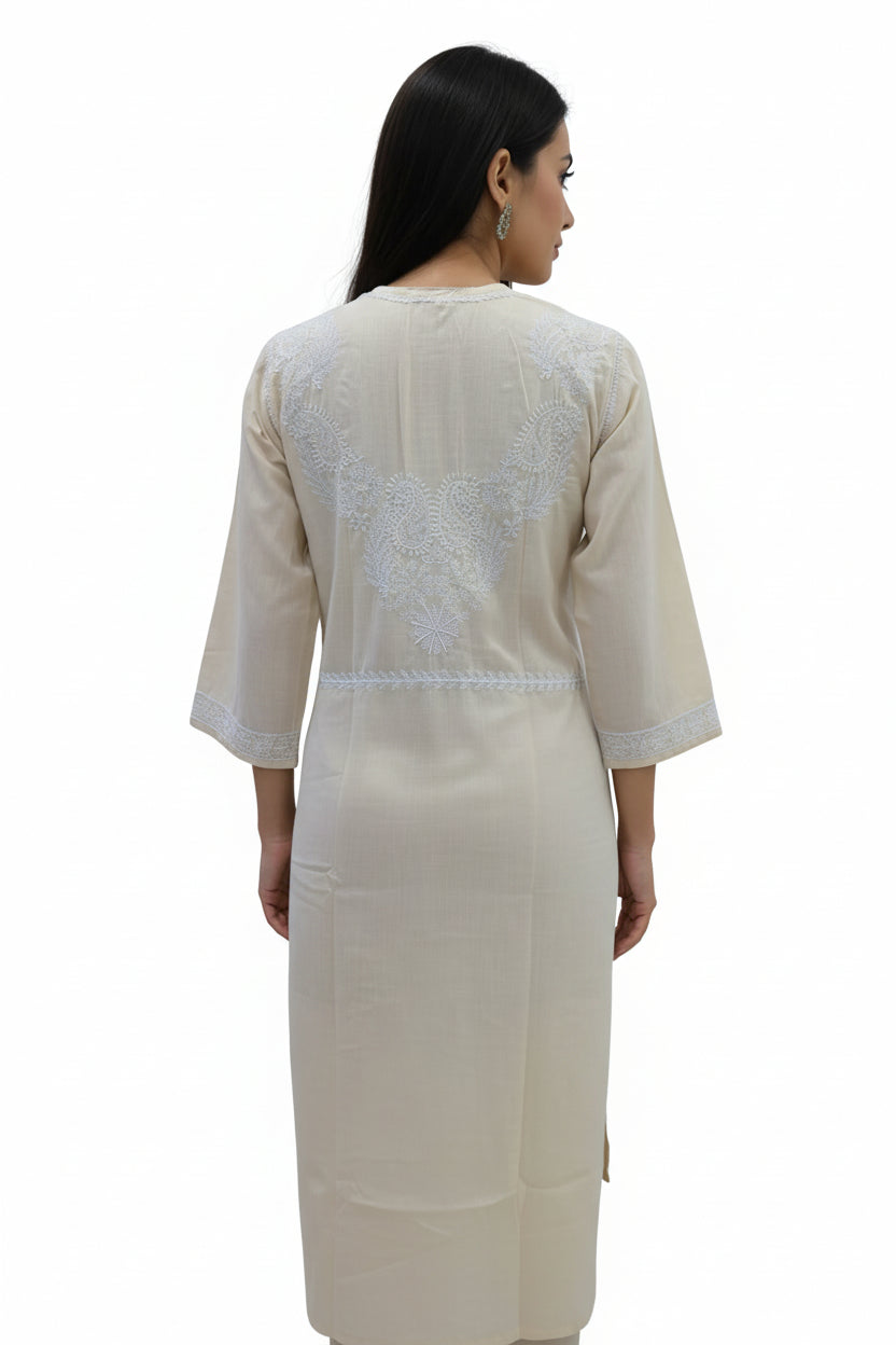 Soft Cotton Polo Fabric Lucknowi Chikankari Long Kurti | 100% Hand Embroidered | Non-Transparent | No Shrinkage