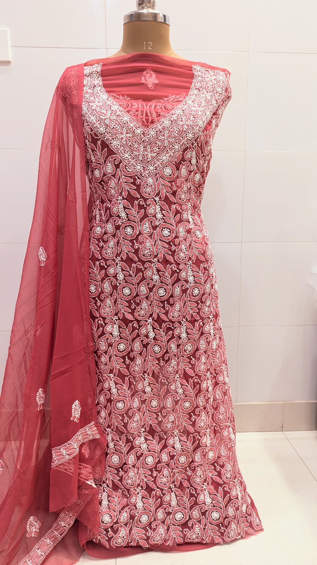 Unstitched Georgette Chikankari Dress Material | Hand Embroidered Kurta, Bottom & Dupatta