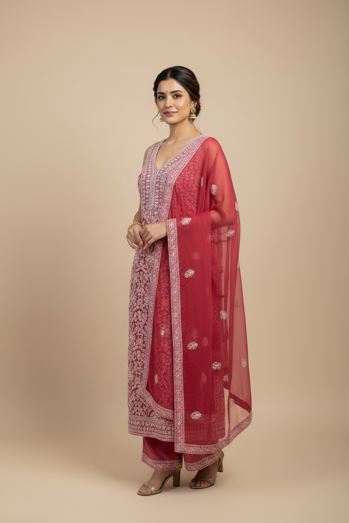 Unstitched Georgette Chikankari Dress Material | Hand Embroidered Kurta, Bottom & Dupatta