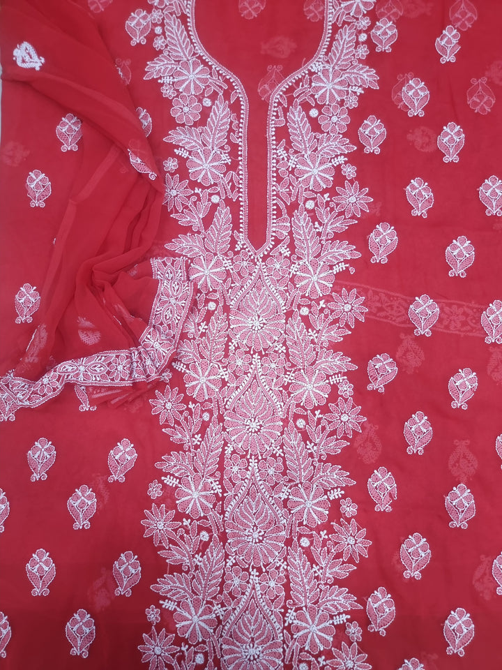 Lucknowi Georgette Chikankari Dress Material – Hand Embroidery Kurta, Bottom & Dupatta | Festive Queen Shades