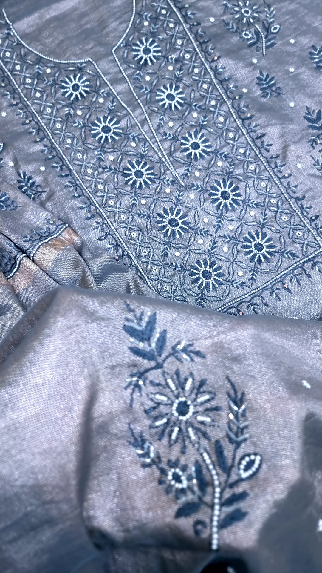 Soft Tissue Chikankari Unstitched Dress Material | 3 Taar Hand Embroidery with Pearl & Cutdana Work + Golden Border Dupatta