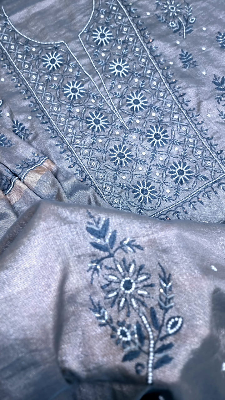 Soft Tissue Chikankari Unstitched Dress Material | 3 Taar Hand Embroidery with Pearl & Cutdana Work + Golden Border Dupatta