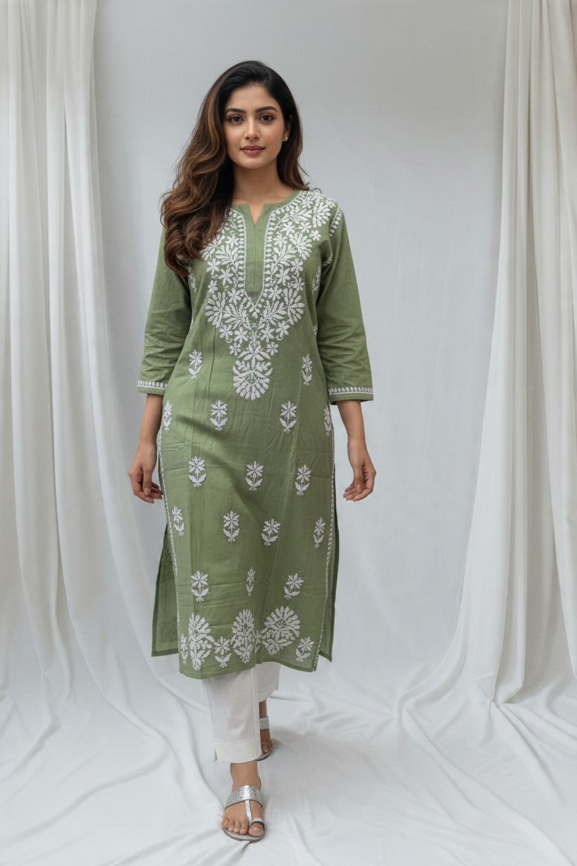 Saba Rayon Chikankari Hand Embroidered Kurti for Women | Premium Soft & Non-Transparent Fabric | 46 Inch Length | Lucknowi Chikan Kurta