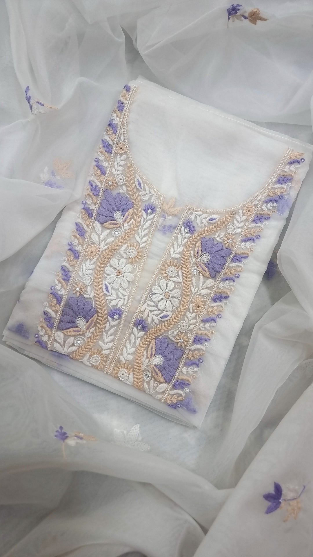 Organza chikankari unstitched dress material