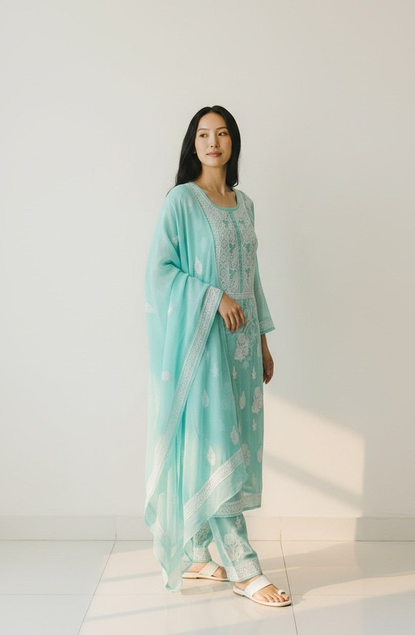 "Paridhan Chikan Georgette Lucknowi Chikankari Unstitched Suit Set – Hand Embroidered Kurta, Bottom & Dupatta for Women"