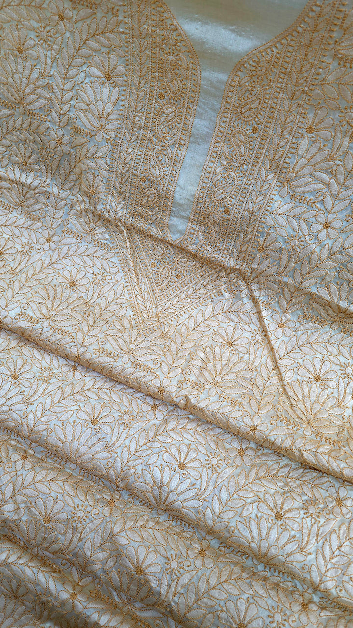 Pure Paper Silk Chikankari Fabric | Full Jaal Hand Embroidery Kurta Fabric for Women
