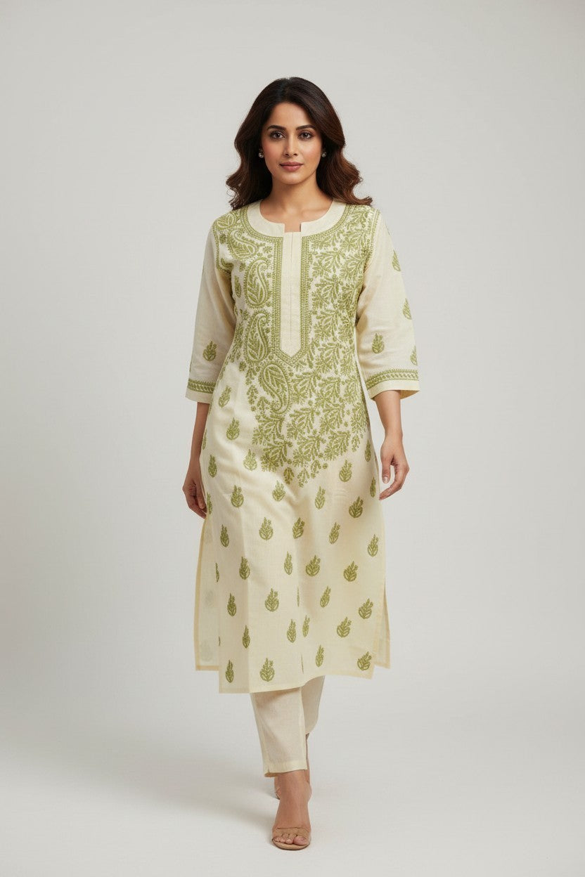 Pure Cotton Linen Lucknowi Chikankari Long Kurti | 100% Hand Embroidered | Non-Transparent | No Shrinkage