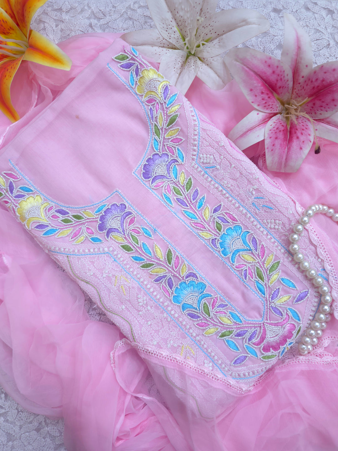 Cotton Resham Neckline chikankari dress material- Pink