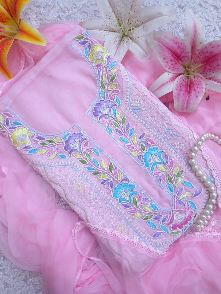 Cotton Resham Neckline chikankari dress material- Pink