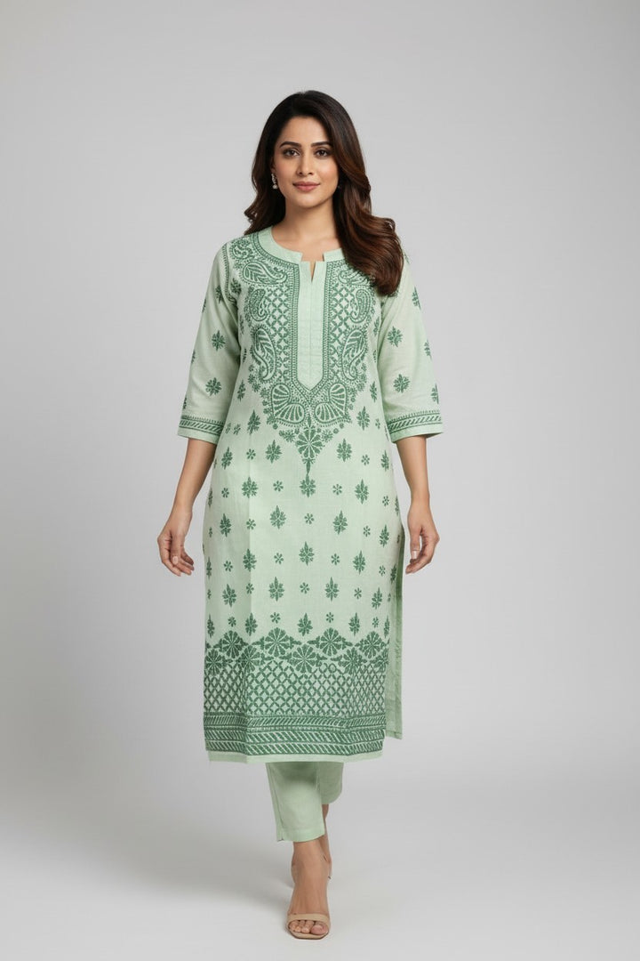 Pure Cotton Linen Lucknowi Chikankari Long Kurti | 100% Hand Embroidered | Non-Transparent | No Shrinkage