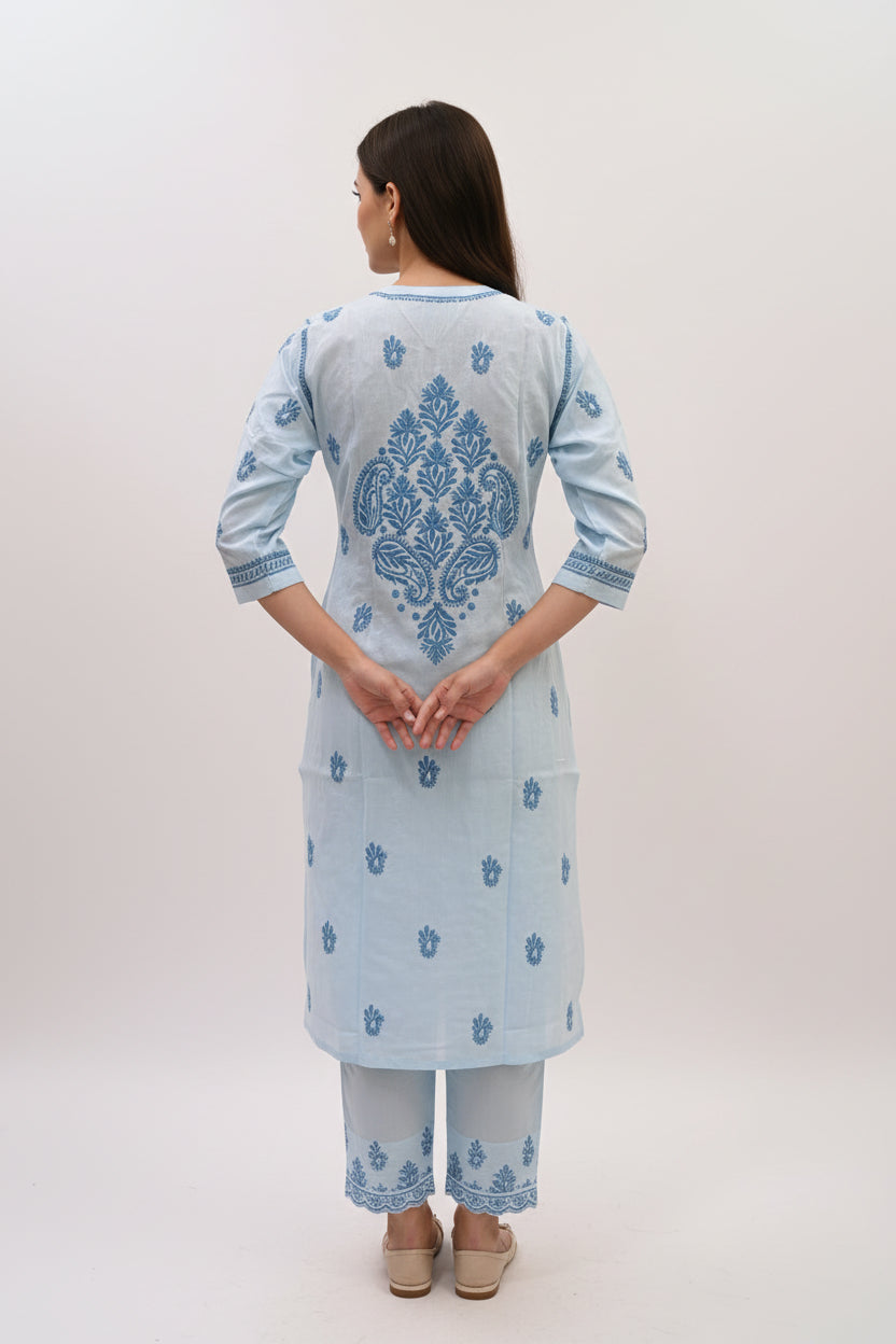 Pure Cotton Linen Lucknowi Chikankari Long Kurti | 100% Hand Embroidered | Non-Transparent | No Shrinkage