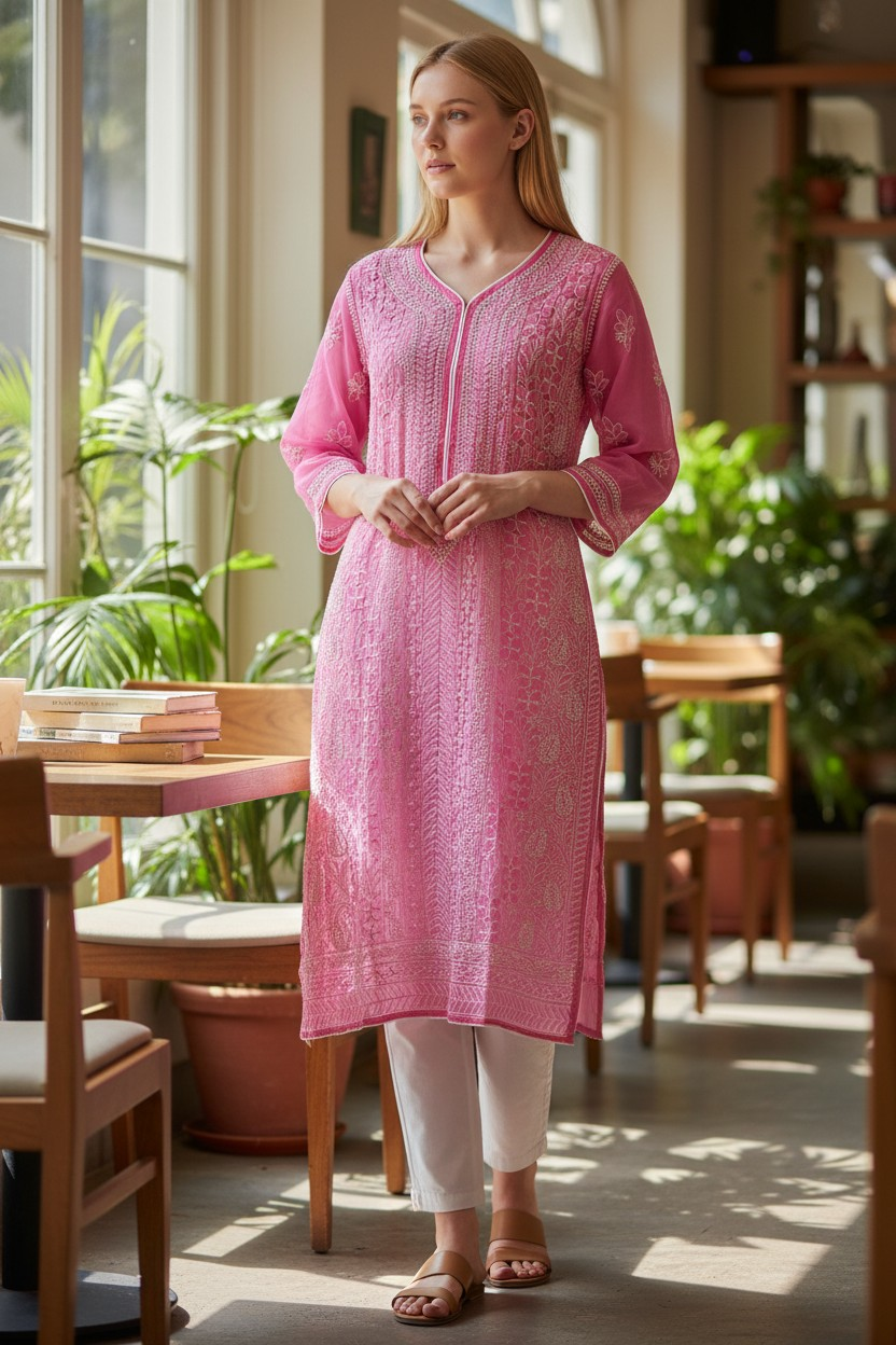 Georgette chikankari long kurti
