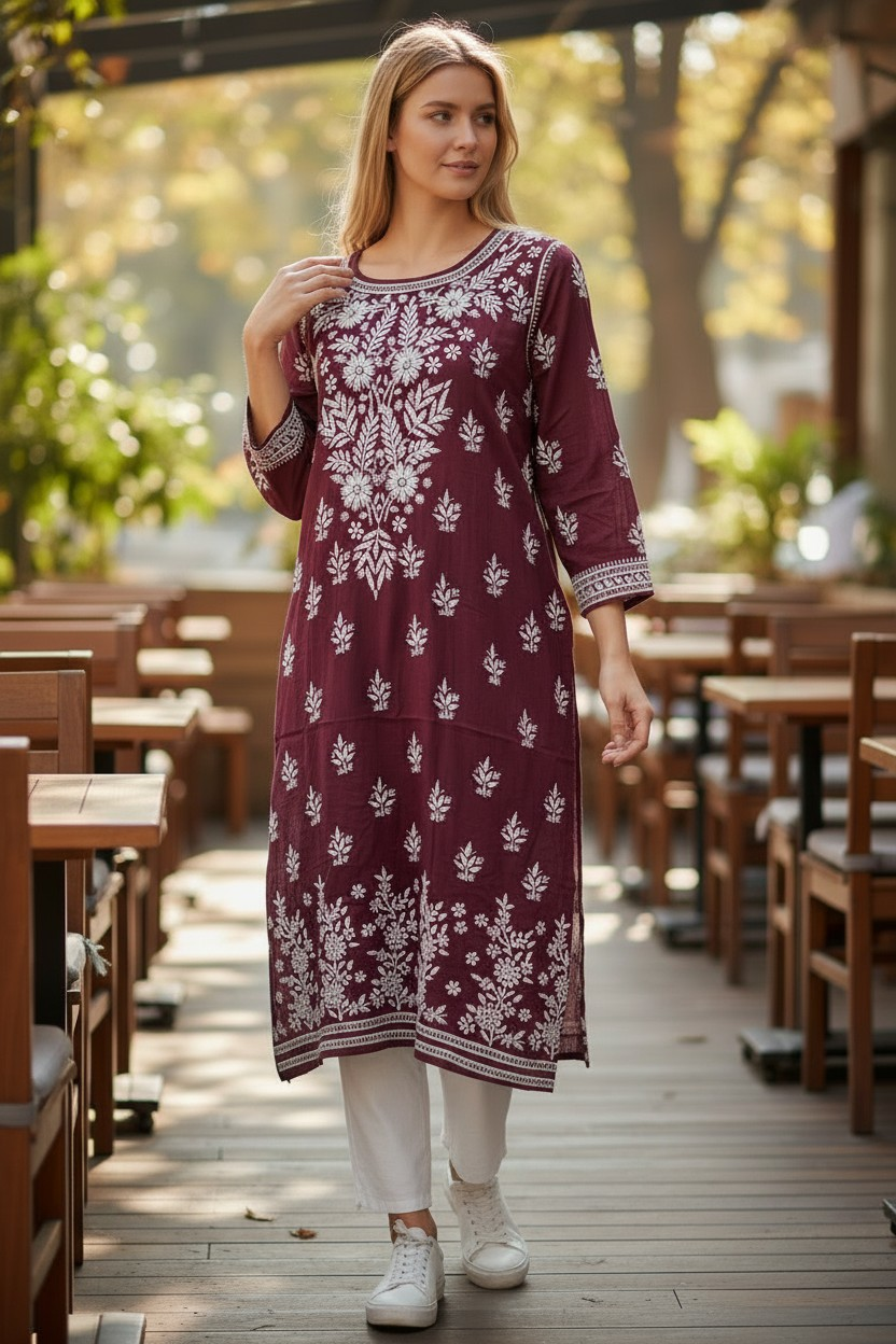 Modal Chikankari Hand Embroidered Kurti for Women | Premium Soft & Non-Transparent Fabric | 46 Inch Length | Lucknowi Chikan Kurta