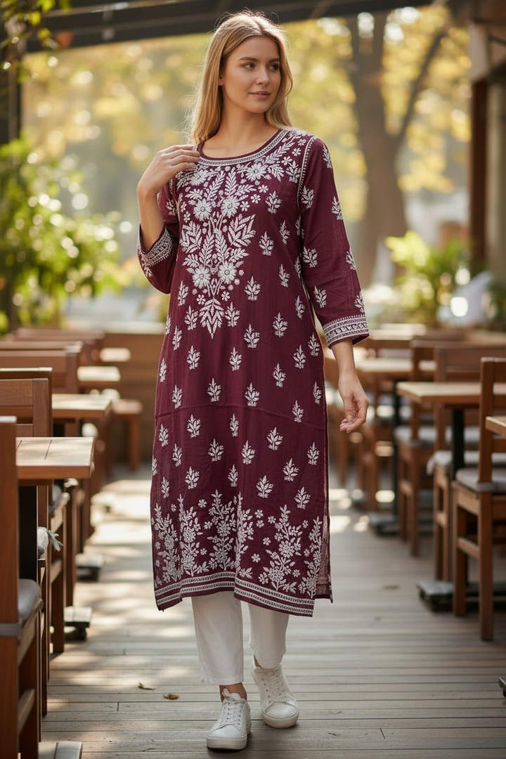 Modal Chikankari Hand Embroidered Kurti for Women | Premium Soft & Non-Transparent Fabric | 46 Inch Length | Lucknowi Chikan Kurta