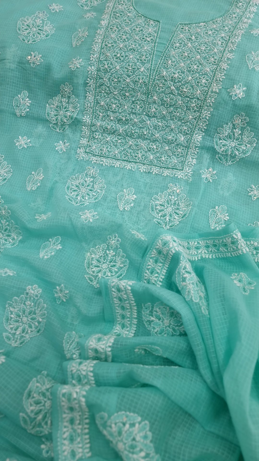 KOTA CHIKANKARI DRESS MATERIAL WITH PEARL - TERQUOISE