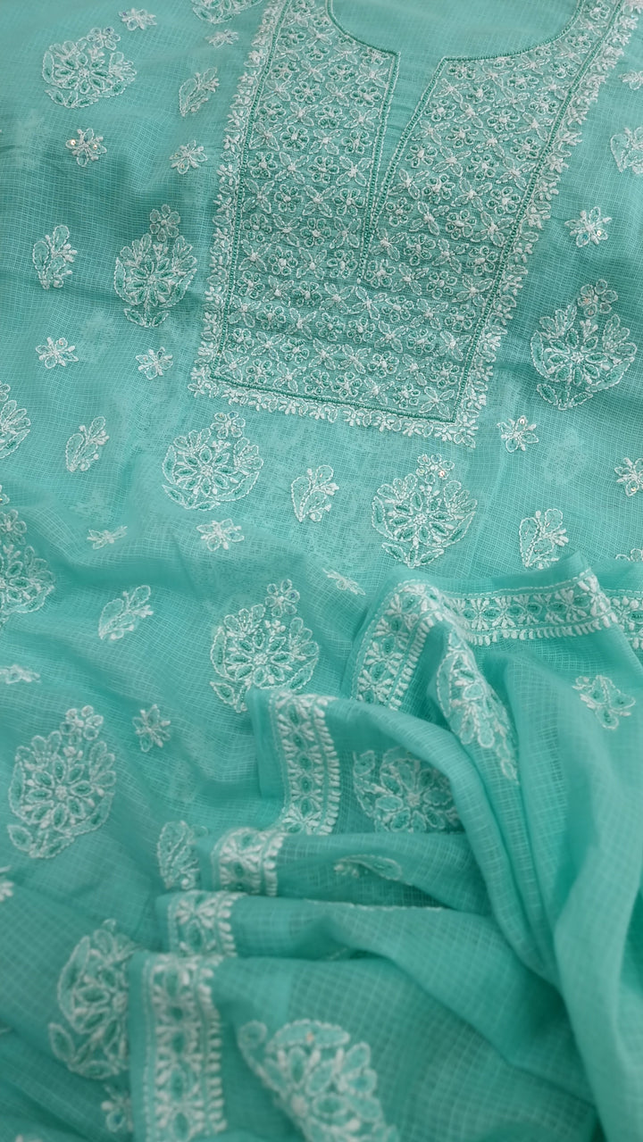 KOTA CHIKANKARI DRESS MATERIAL WITH PEARL - TERQUOISE