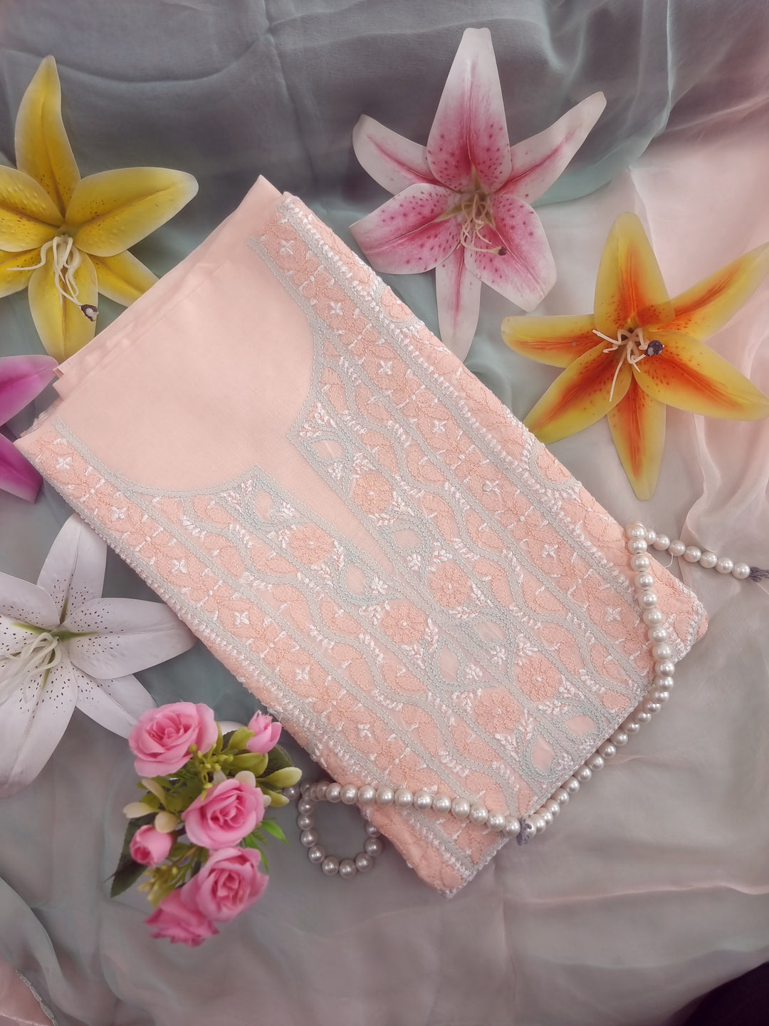 Lucknow Chikankari Hand Embroidered Cotton Dress Material with Tri-Color Motifs & Pure Chiffon Dupatta