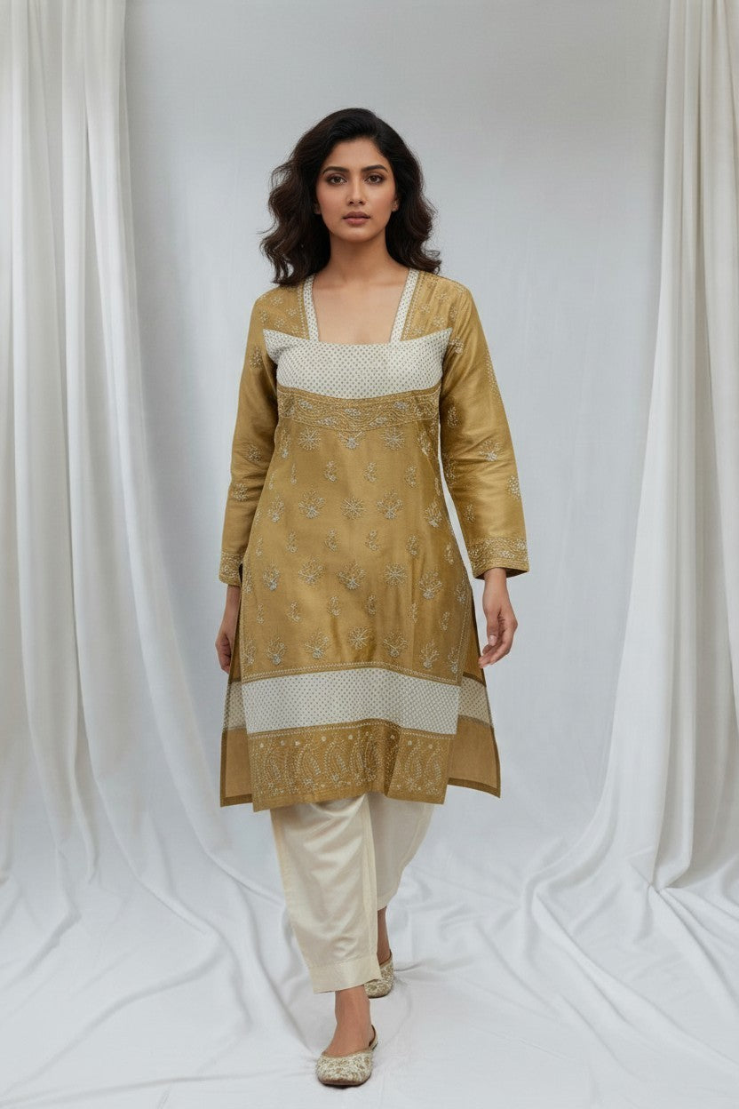 Saira Non Transparent - Soft Chanderi chikankari medium length kurti |36-38" approx