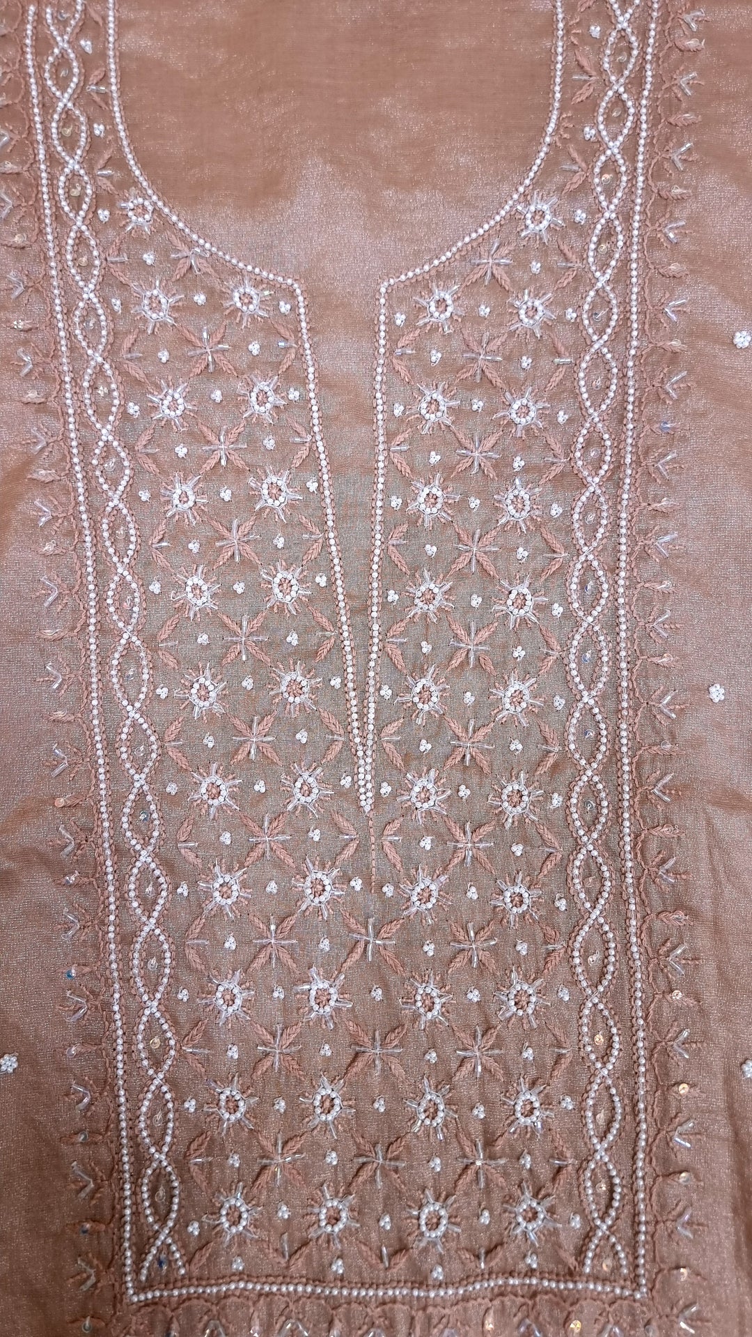 Soft Tissue Chikankari Unstitched Dress Material | 3 Taar Hand Embroidery with Pearl & Cutdana Work + Golden Border Dupatta