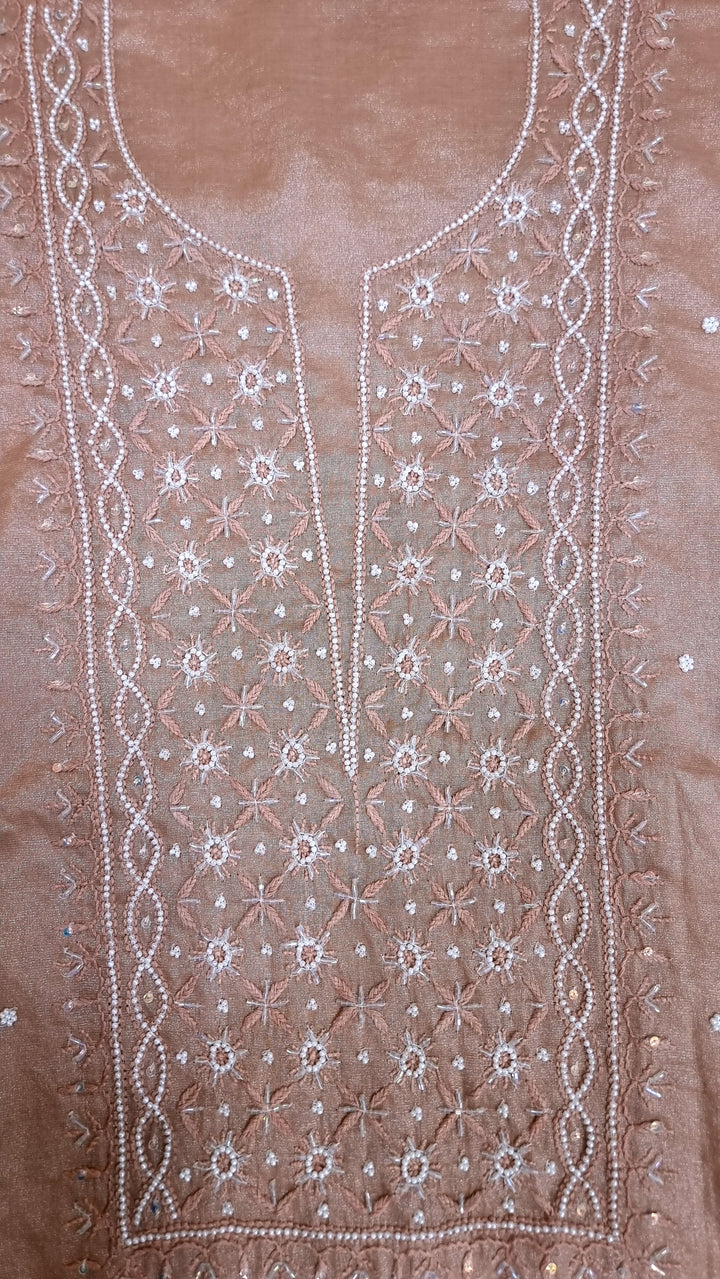 Soft Tissue Chikankari Unstitched Dress Material | 3 Taar Hand Embroidery with Pearl & Cutdana Work + Golden Border Dupatta