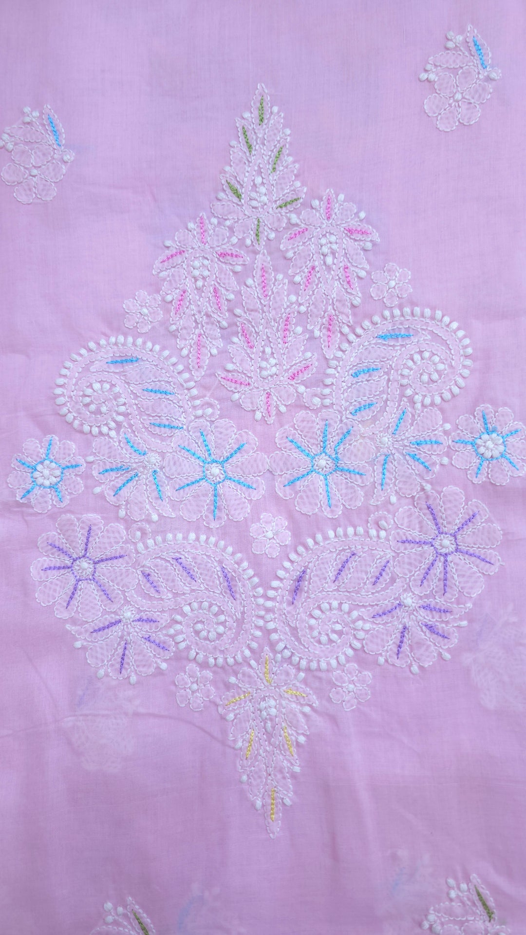 Cotton Resham Neckline chikankari dress material- Pink