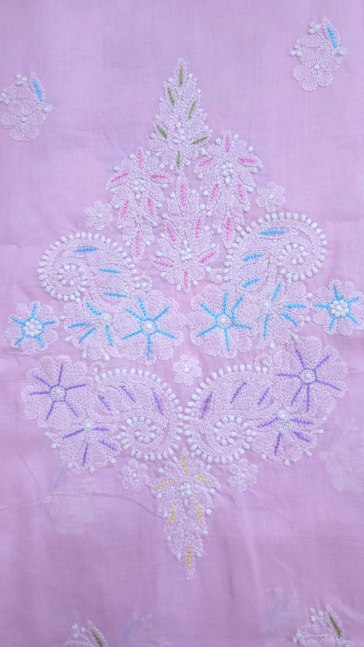 Cotton Resham Neckline chikankari dress material- Pink