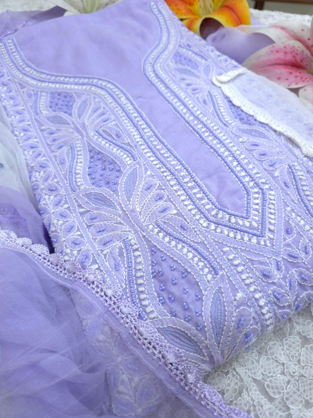 Paridhan Chikan Cotton Chikankari Unstitched Dress Material – 3 Pc Suit Set with Hand Embroidery & Pearl Work in Every Motif