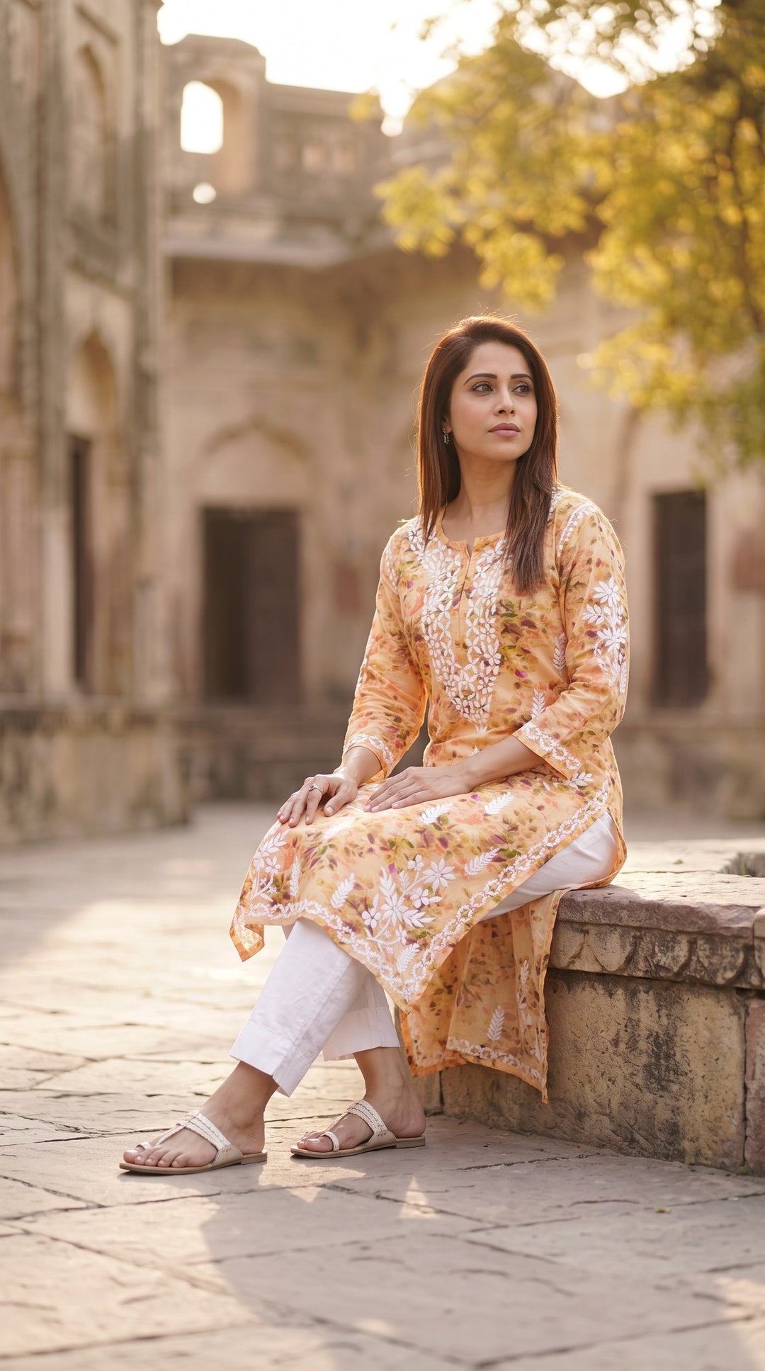 Nushraat Rayon Digital Print Lucknow Chikankari Hand Embroidered Kurti