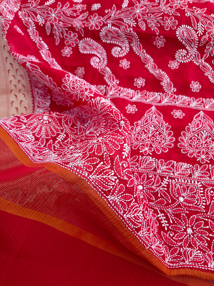 Hand Embroidered Chikankari Banarasi Silk Saree with Intricate Border & Palla Pattern – Includes  Blouse | Paridhan Chikan