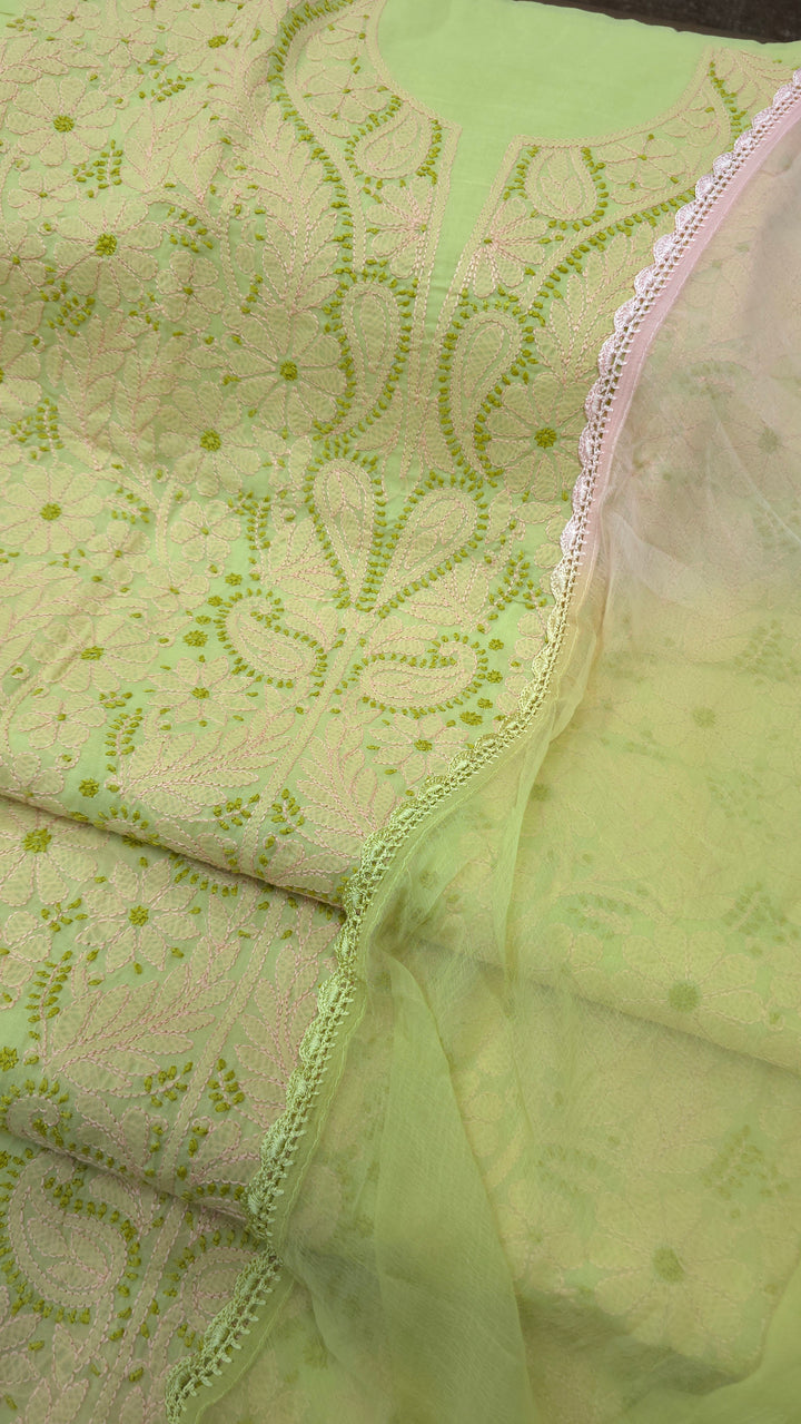 Lucknow Chikankari Hand Embroidered Cotton Dress Material with Tri-Color Motifs & Pure Chiffon Dupatta