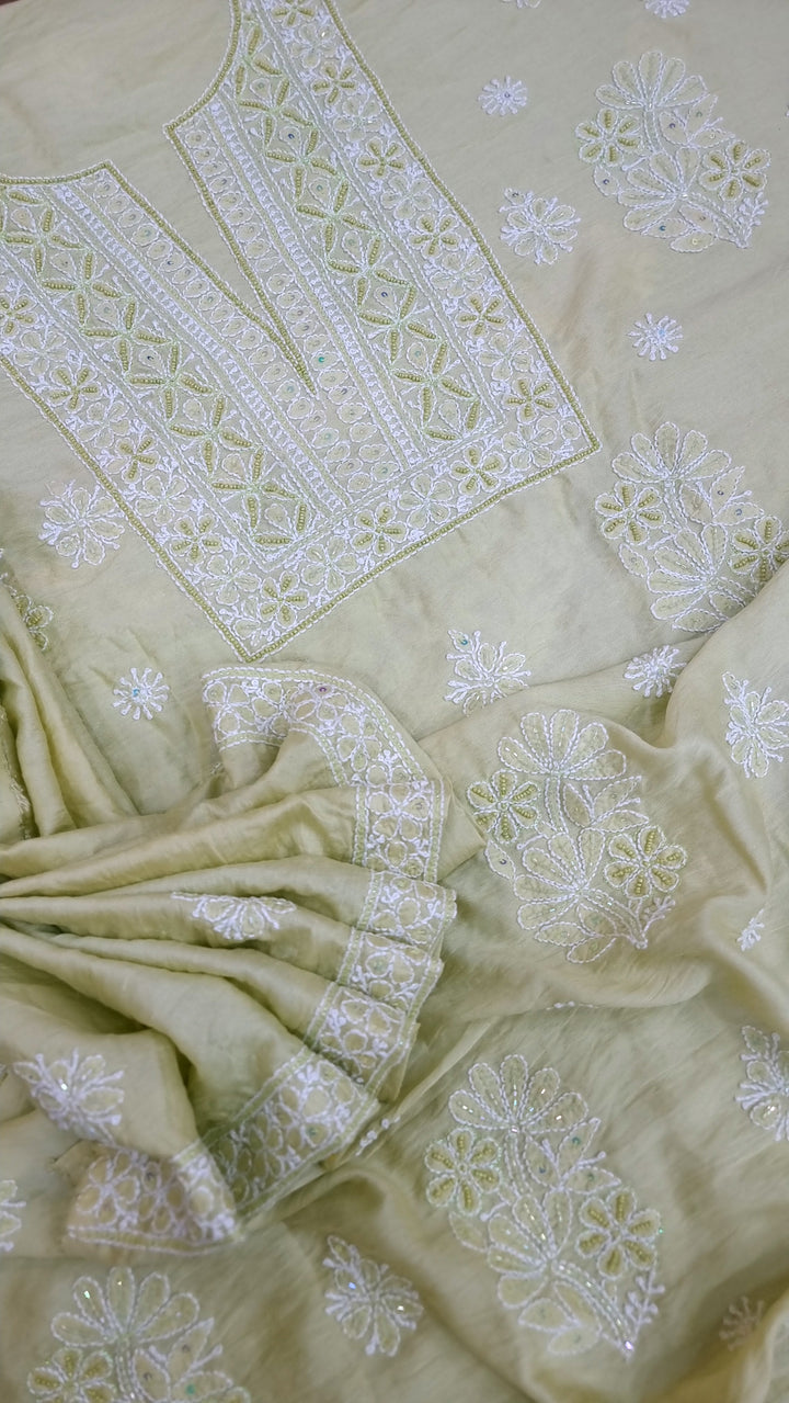 Lucknowi Chikankari Chanderi Fabric – Hand-Embroidered Kurta & Dupatta with Pearl, Resham & Badla Work