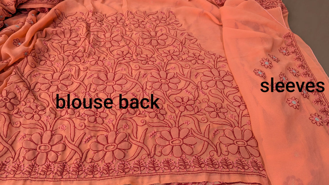 Faux Georgette Hand Chikankari Saree with Exclusive Border & designer Palla Design | Embroidered Blouse Included | Authentic Lucknow Handicraft by Paridhan Chikan