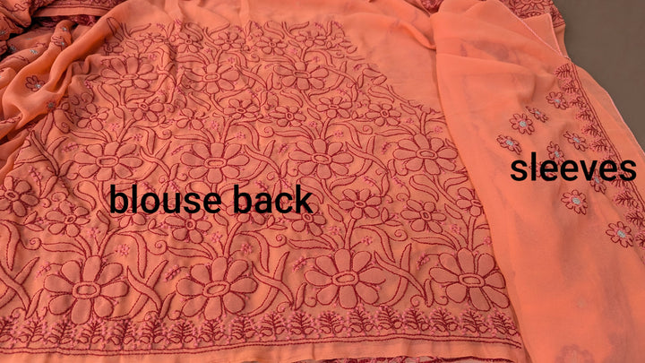 Faux Georgette Hand Chikankari Saree with Exclusive Border & designer Palla Design | Embroidered Blouse Included | Authentic Lucknow Handicraft by Paridhan Chikan