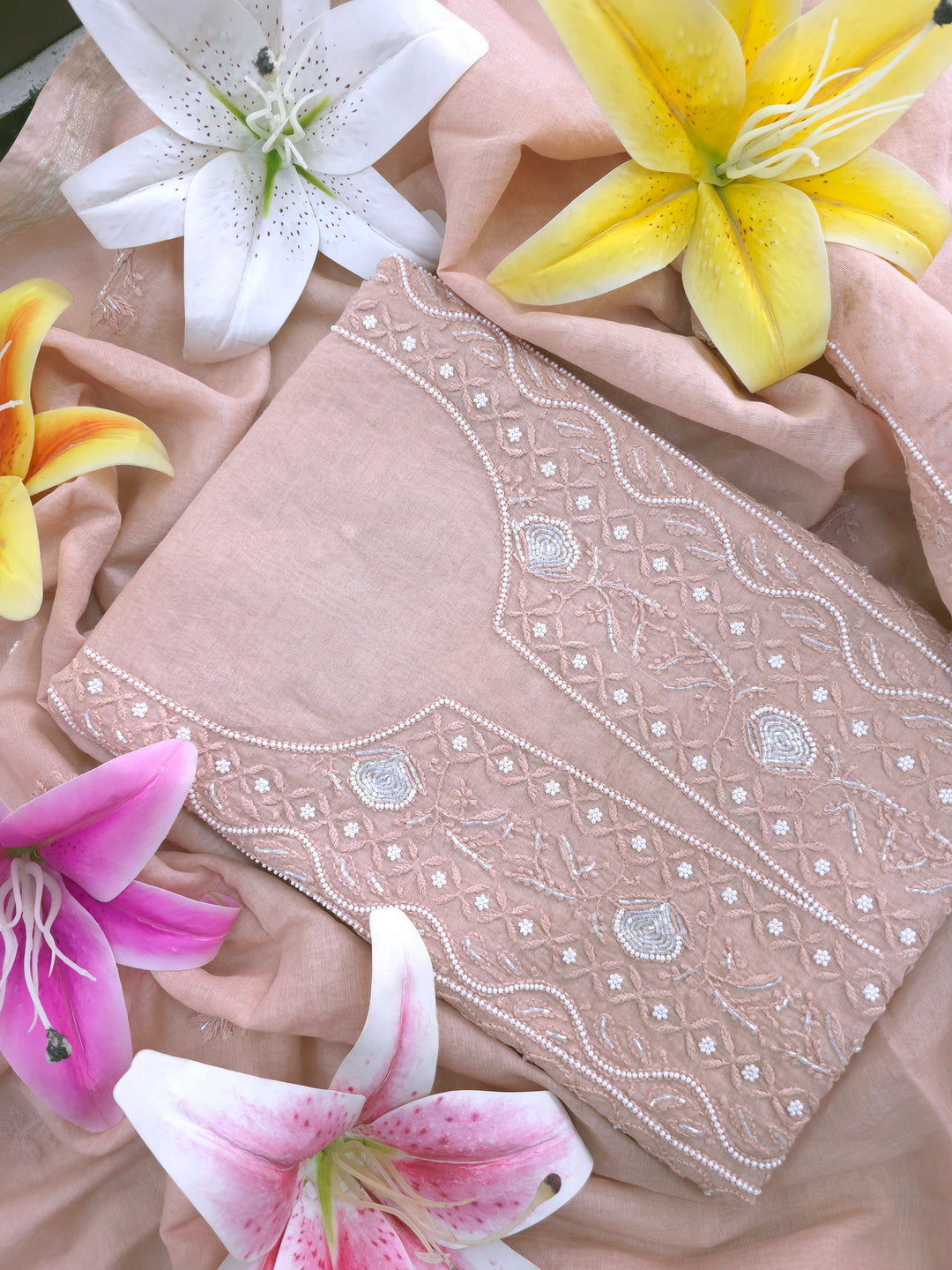 Premium Mul Chanderi Supersoft Dyeable Chikankari Dress Material | Hand Embroidered with Pearls & Cutdaana | Kurta & Dupatta Set