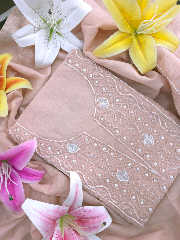 Premium Mul Chanderi Supersoft Dyeable Chikankari Dress Material | Hand Embroidered with Pearls & Cutdaana | Kurta & Dupatta Set