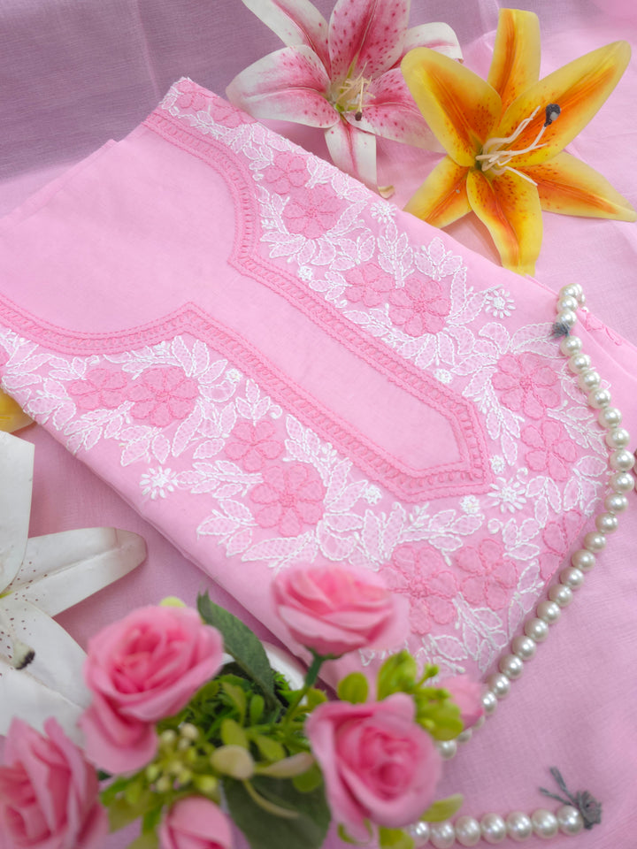 Paridhan Chikan Premium Cool Cotton Chikankari Dress Material Set with Hand Embroidered Kurta, Bottom & Chiffon Dupatta with Handmade Crochet Border