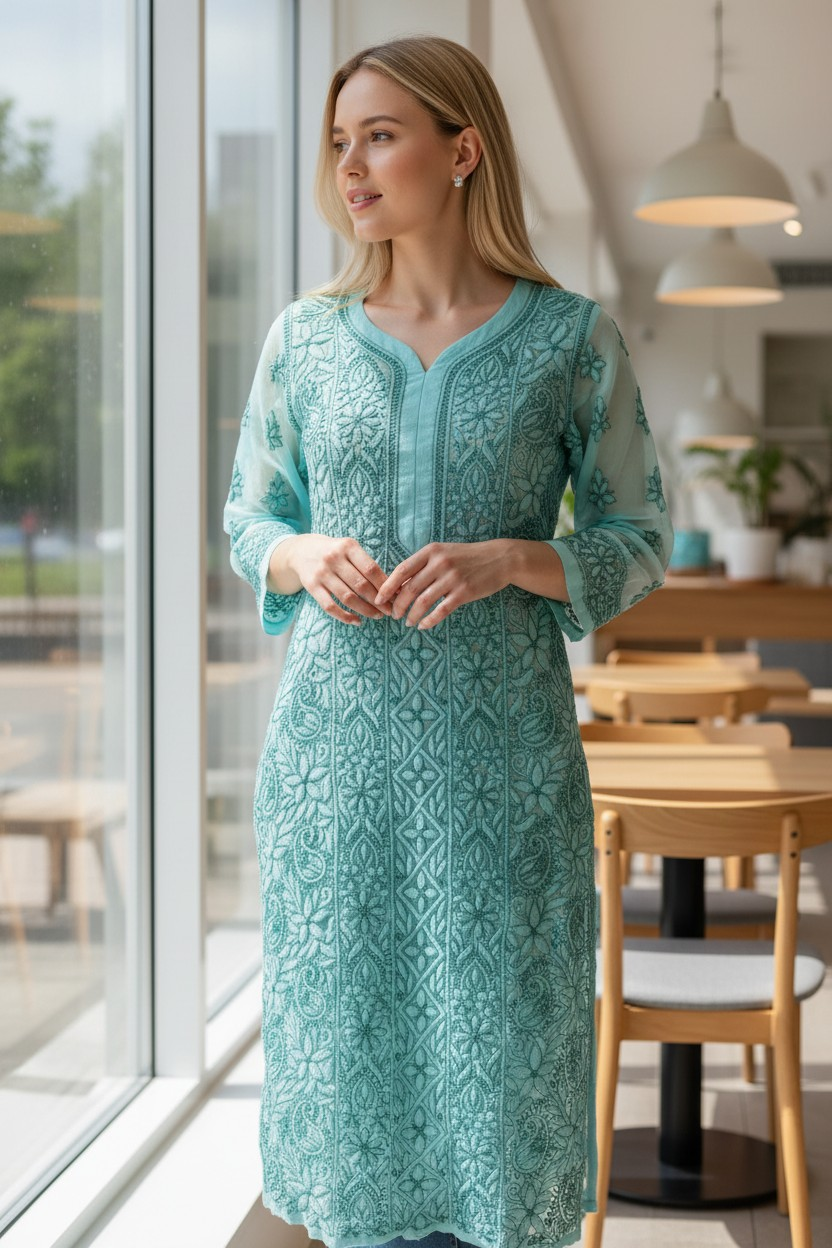 Georgette chikankari long kurti